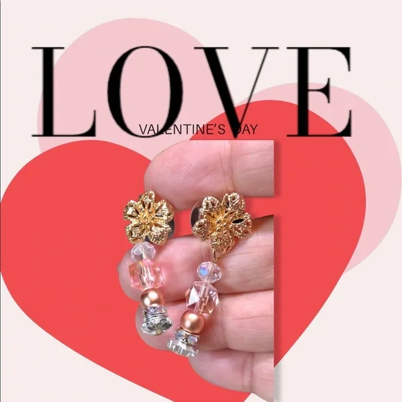 💕✨pretty Swarovski earrings in gold and pink-floral - Picture 2 of 13